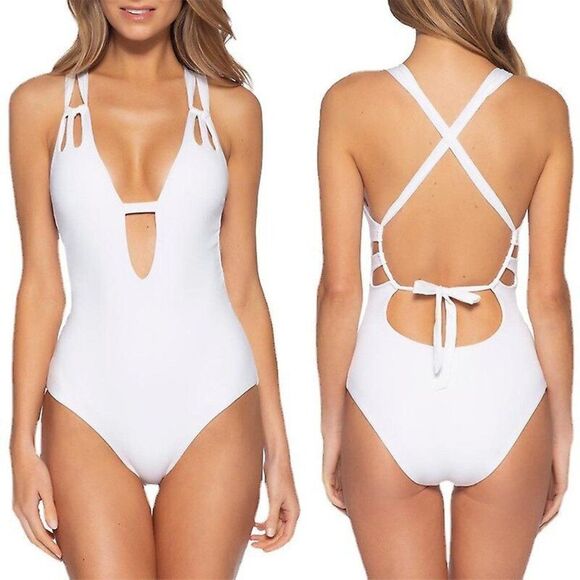 BECCA by Rebecca Virtue White Color Code Skylar Plunge One Piece Swimsuit Medium - Picture 1 of 8
